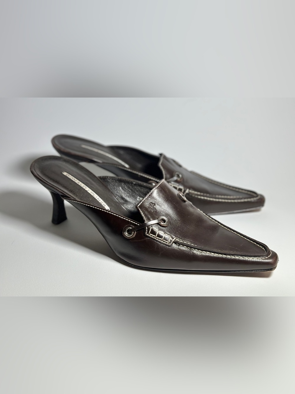 Donald J. Pliner Dark Brown Leather Pointed-Toe Kitten Heel Mules